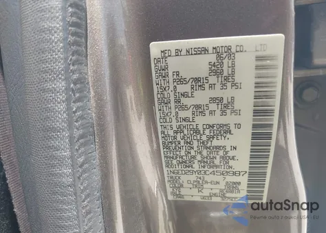 2003 Nissan Frontier Xe-V6 from USA, damaged, VIN 1N6ED29Y03C450987